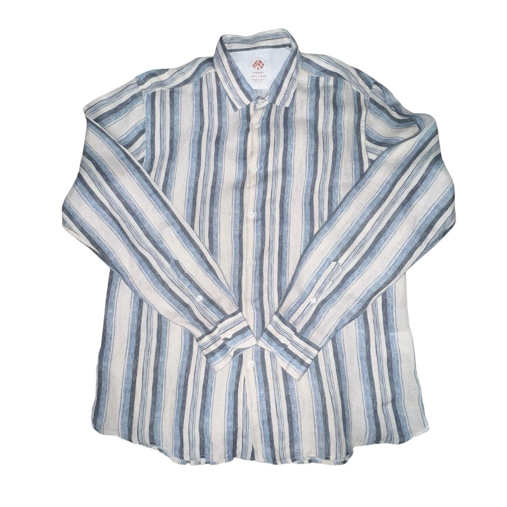 Fradi Button Down Linen Lightweight Blue Striped Men's Long-Sleeve Shirt Large‎